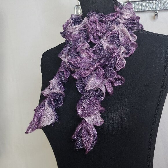 Handmade Crochet Purple and Lilac with Metallic Silver Threads Throughout Scarf - Picture 2 of 16
